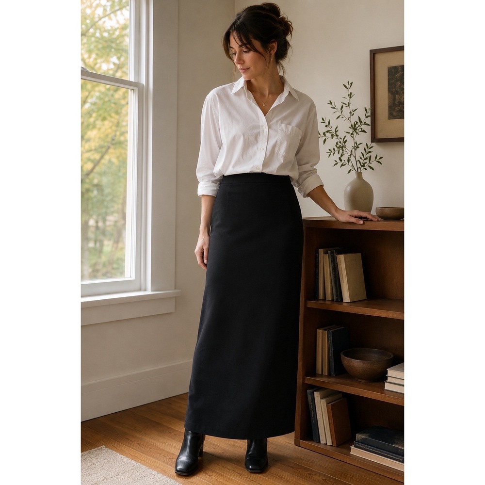Woolrich Womens Black Cotton Blend Ribbed Maxi Skirt Size 6‎ Back Vent 5841